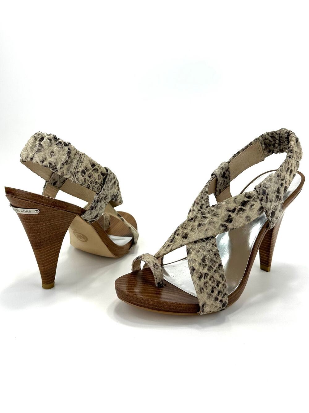 Michael Kors Stiletto/Cone Heel Sandal Size 9 Tan/Gray Snake Print Leather Comfy